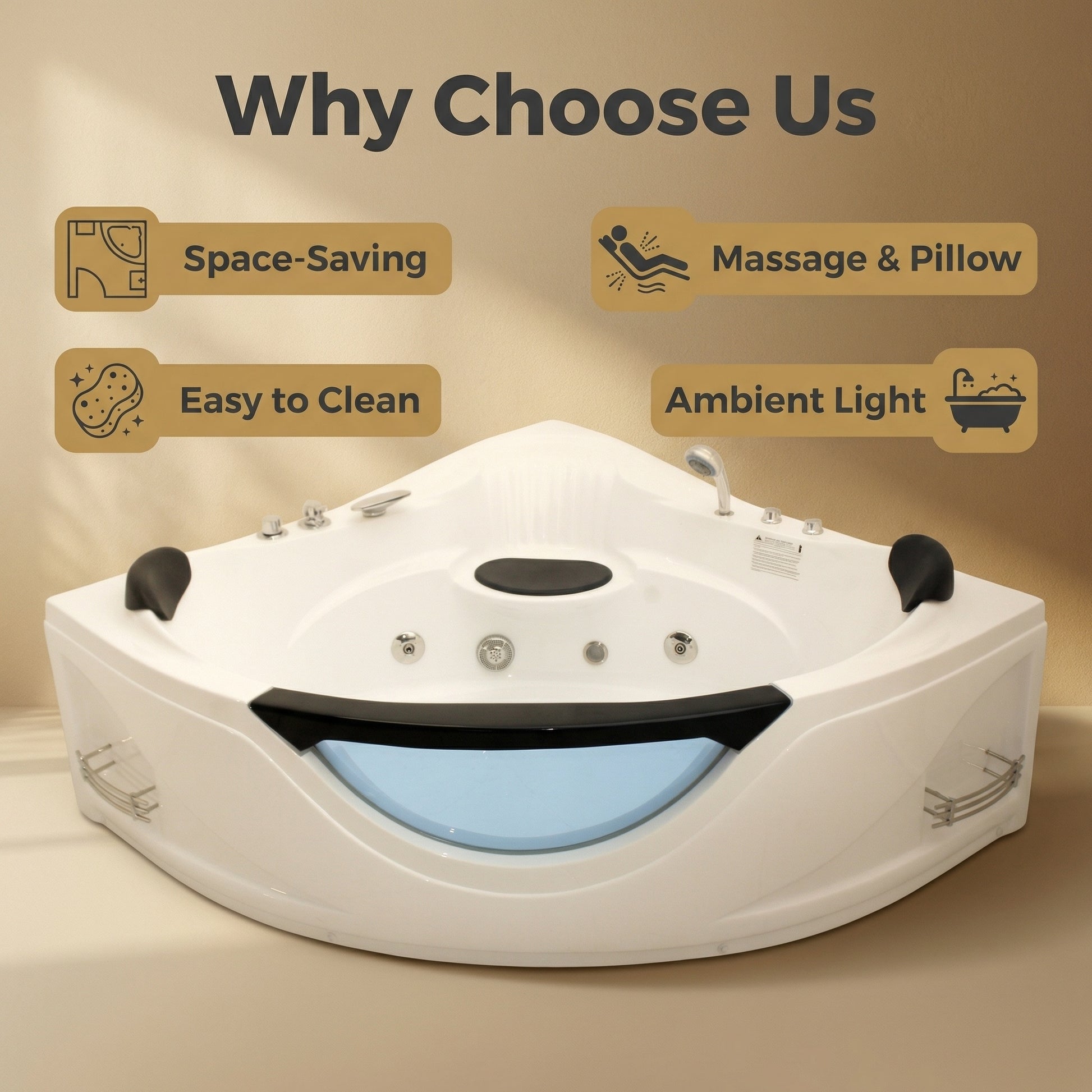 59" Corner Whirlpool Bathtub for 2-Person, Luxury Jetted Spa Tub with 6 Hydro Massage Jets, Chromatherapy LED Lights &Pneumatic adjust system, UL Certified water pump,UPC Certified drainer image 8