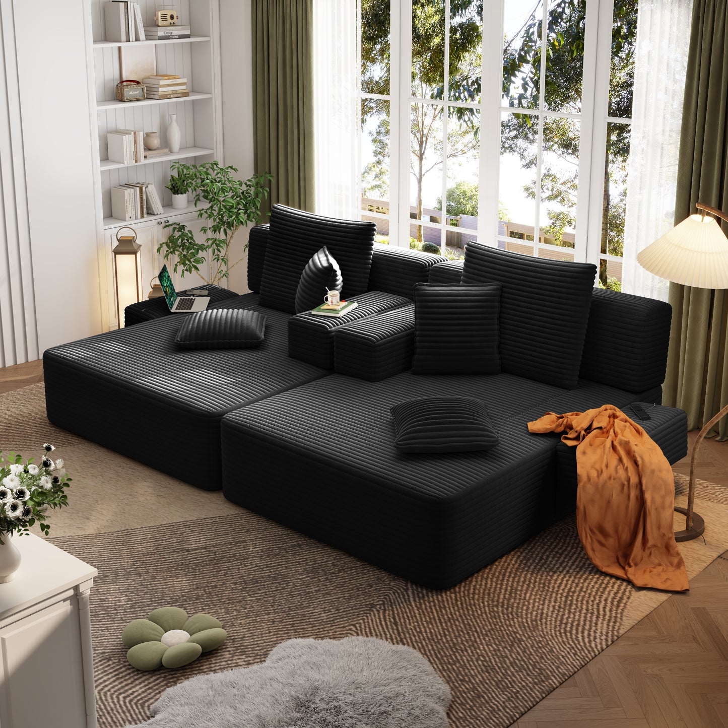 Oversized Double Chaise Lounge 2-Piece Set, Luxurious Plush Corduroy Convertible Sofa Bed with 6 Pillows and Storage Pocket, for Small Spaces,Home Theater, Living Room, Black image 1
