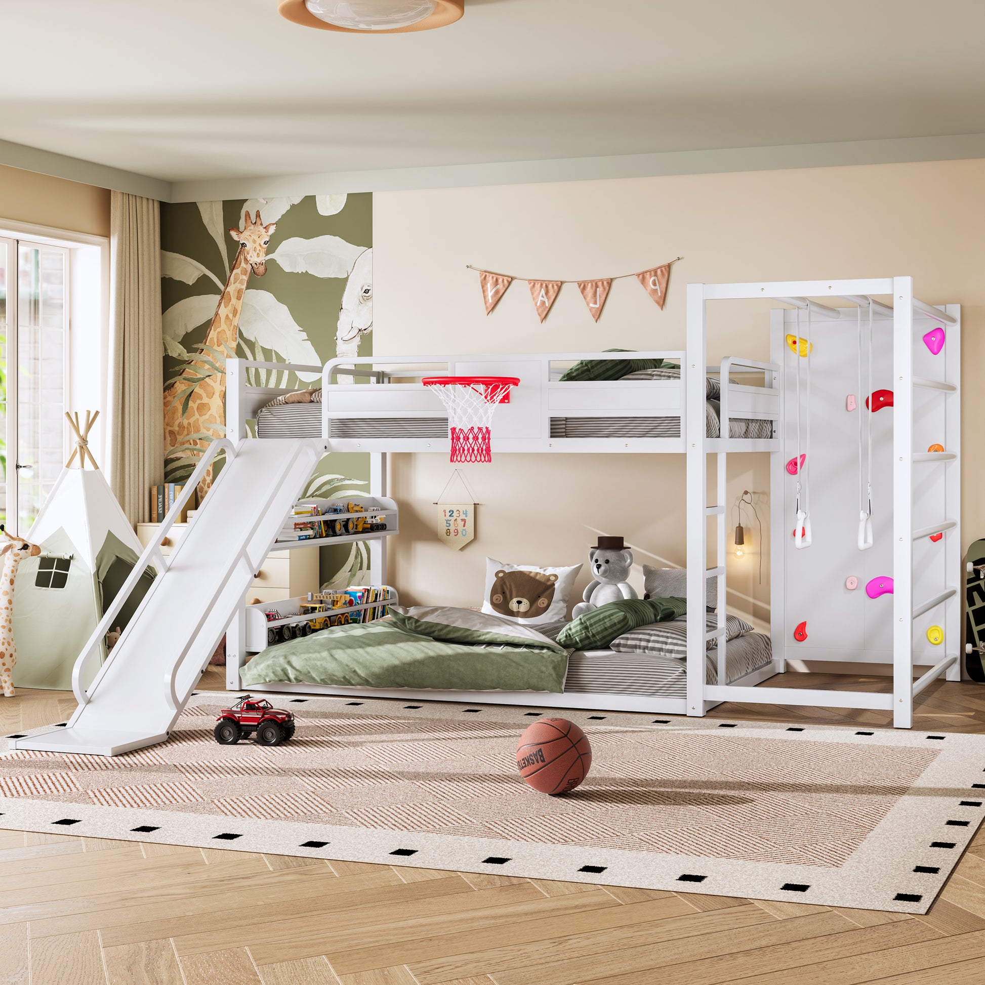 Full size metal loft bed with basketball hoop, pull-up rings, climbing wall, and built-in bookshelves. Playful children's design featuring a slide,White image 2