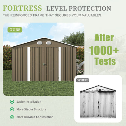 10x12 FT Outdoor Metal Storage Shed, Large Storage Sheds with Sturdy Frame Structure, Metal Garden Tool Shed with Lockable Door for Garden,Gift a foldable flower pot stand, Backyard,BROWN image 4