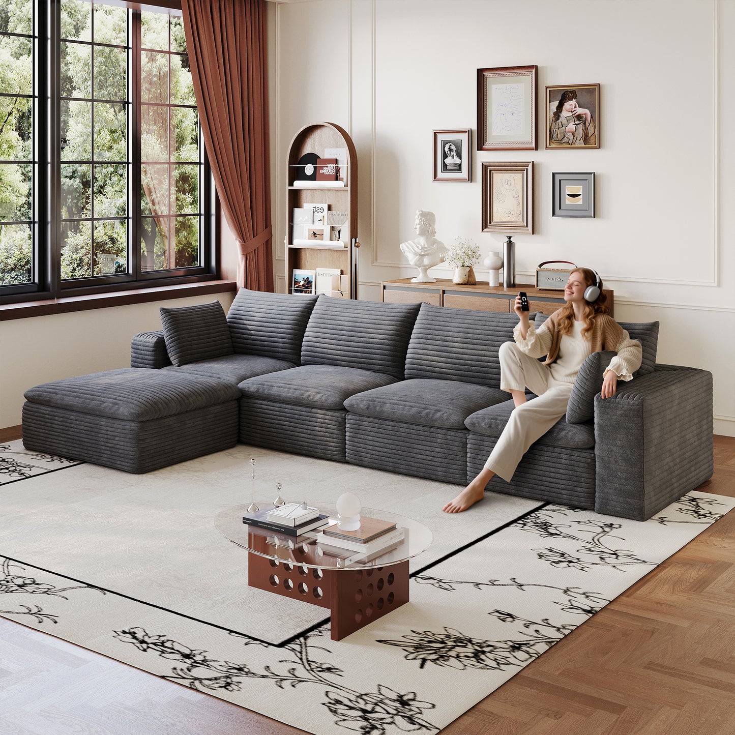 134" Cloud Sofa,Corduroy Fabric,Deep Seat Couches,Double-layer design,Removable Cushion,No Assembly, DIY Combination for Living room, Bedroom,Conference room,Apartment,Dark Grey image 1