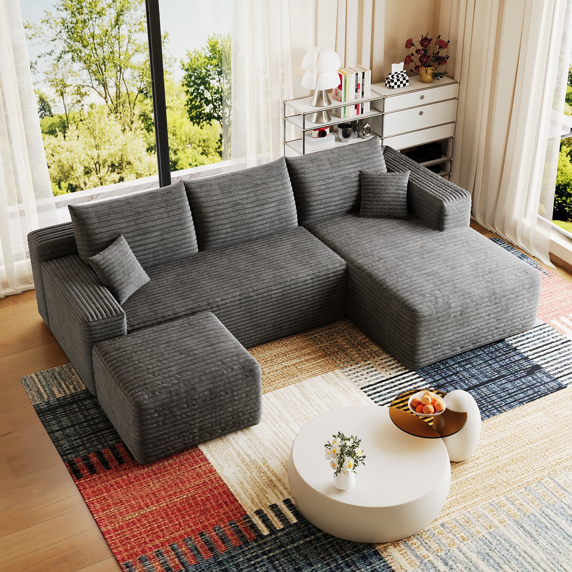95" Cloud Sectional Sofa with 1 Ottoman,Modern Minimalist Upholstered Couches, Comfort U Shaped Sofa for Living Room,Deep Seat Corner Couch,No Assembly Required,Dark Grey((Plush Corduroy Fabric) image 7
