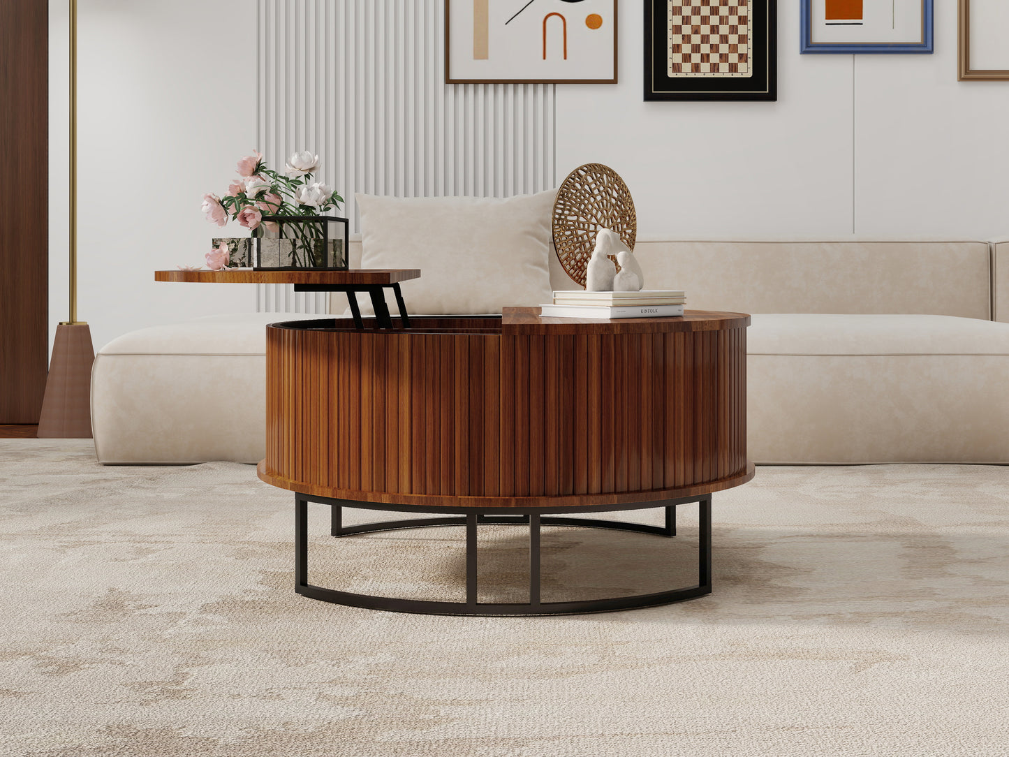 31.5" Round Coffee Table with Storage,Fluted Lift Top Center Table, Midcentury Modern Flip-top Curved Table for Living Room,Walnut image 2