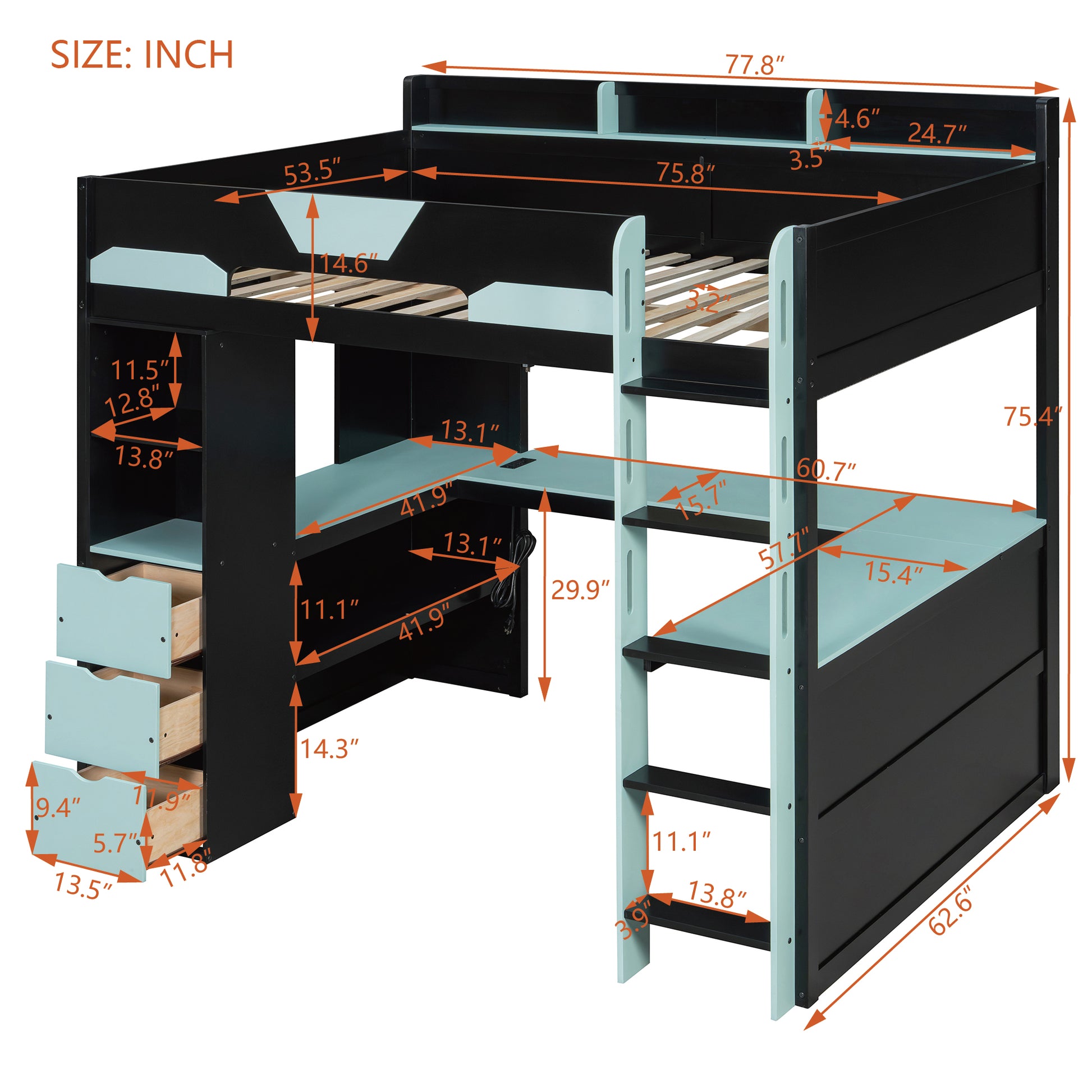 Full Size Wooden Gaming Loft Bed with U-Shaped Desk, Smart RGB LED Lights and USB Ports, Multi-Functional High Sleeper with 3 Drawers and Storage Shelves for Teens Adults, Black+Blue image 11