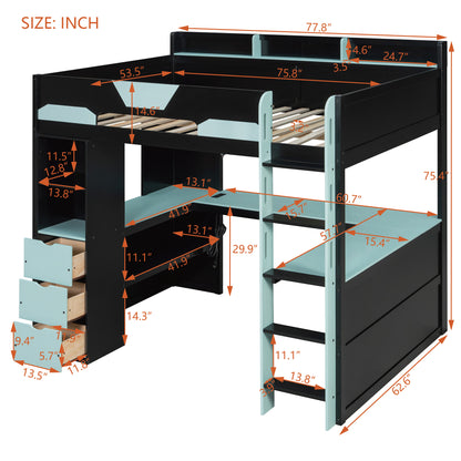 Full Size Wooden Gaming Loft Bed with U-Shaped Desk, Smart RGB LED Lights and USB Ports, Multi-Functional High Sleeper with 3 Drawers and Storage Shelves for Teens Adults, Black+Blue image 11