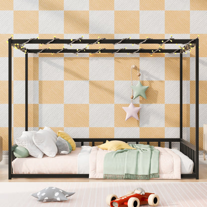 Full size sunshade floor bed, iron double-size bed frame, modern low-profile double-size bed, equipped with fence-style guardrails, black series image 1