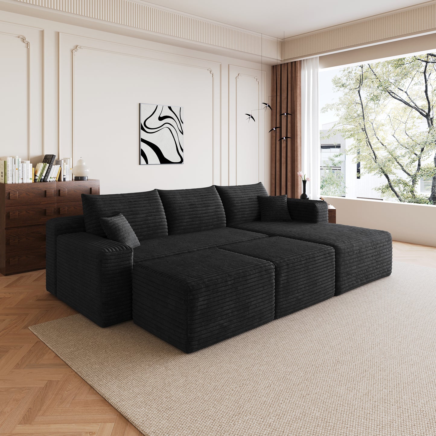 Plush corduroy fabric close up on cloud sofa black