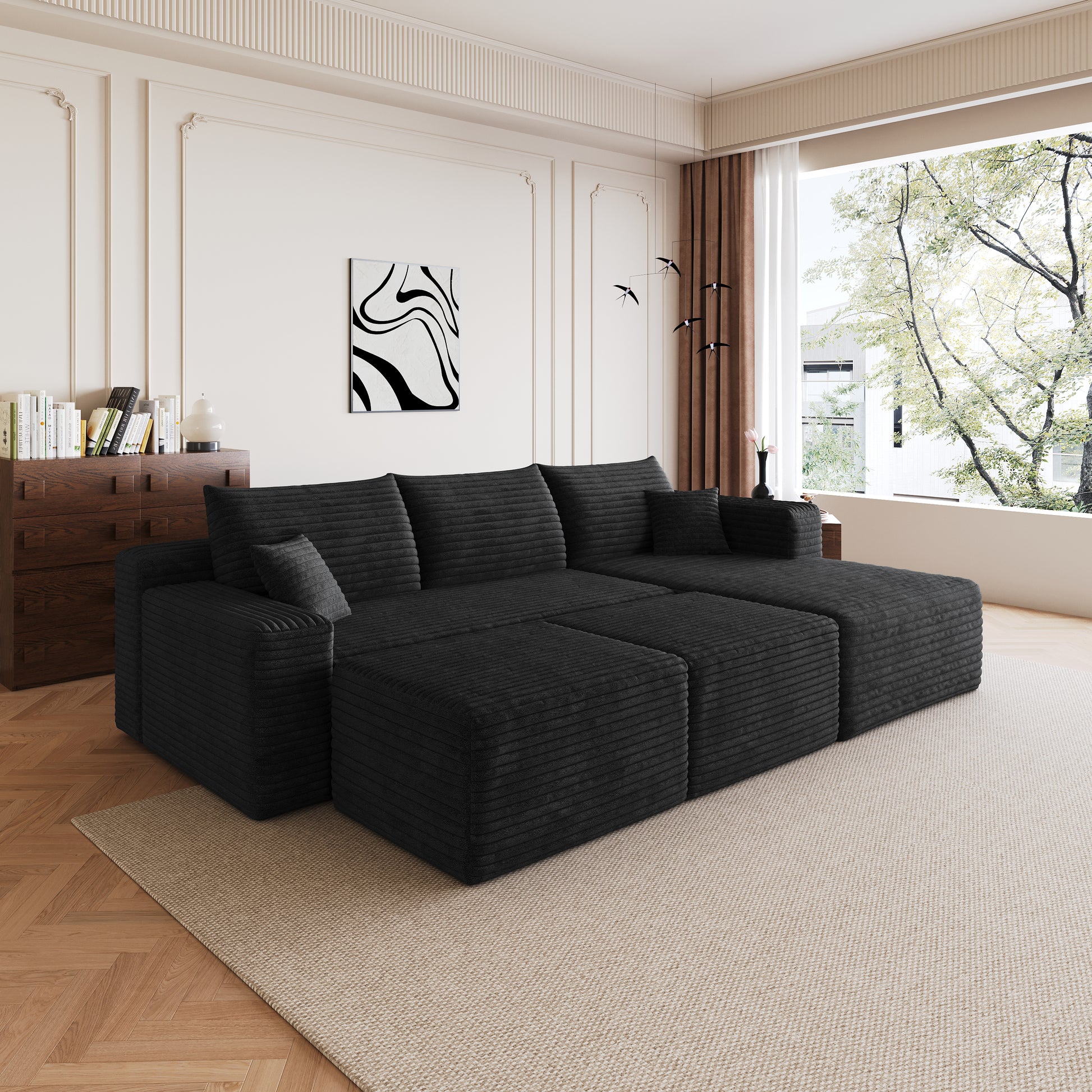 Plush corduroy fabric close up on cloud sofa black