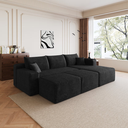 Plush corduroy fabric close up on cloud sofa black
