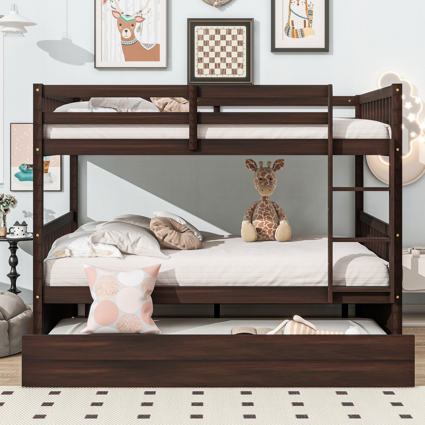 Full Over Full Rubber Wood Bunk Bed with Trundle, Ladder and Guardrails, Convertible to 2 Full Size Beds, with Twin Size Trundle,Espresso image 1