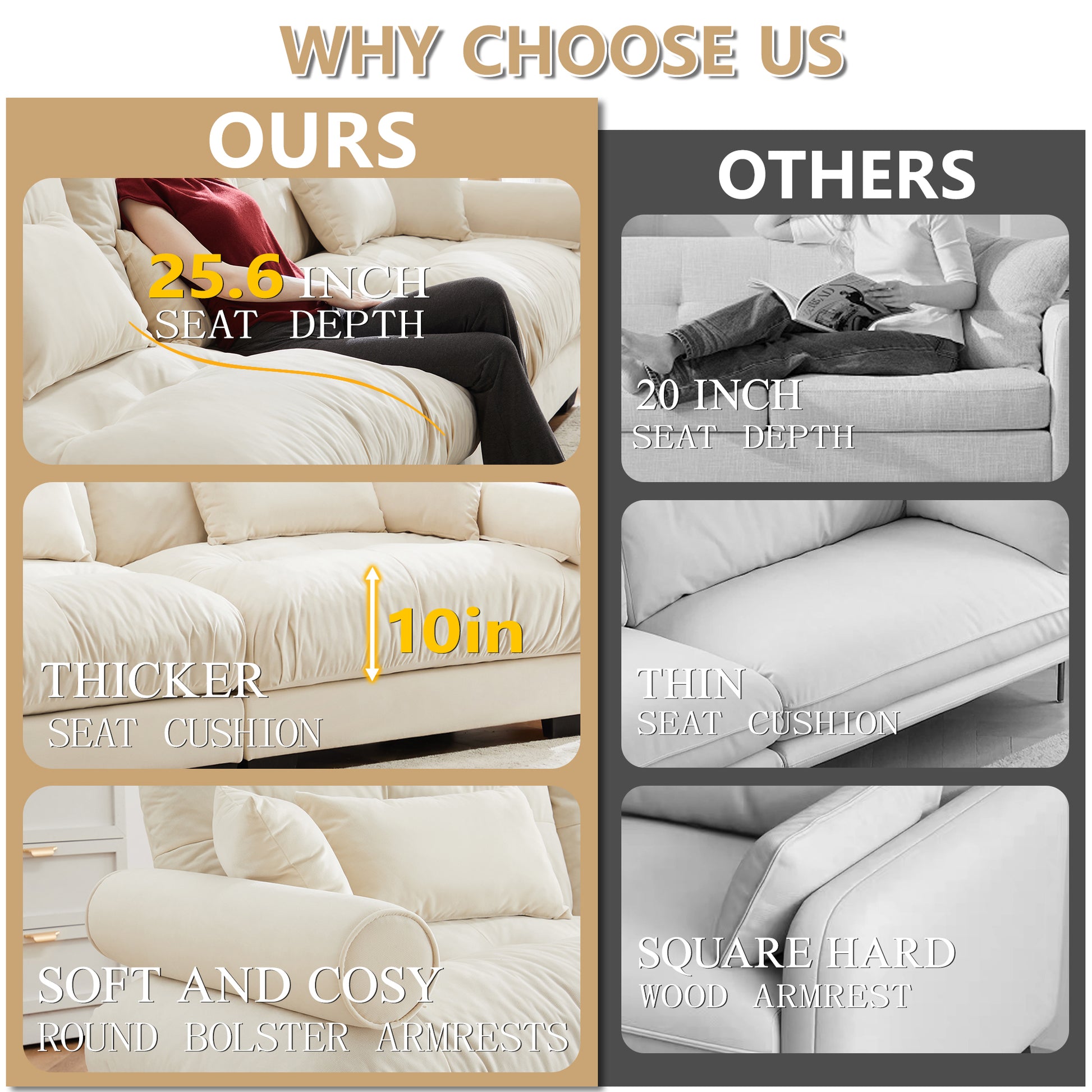 Super Comfort Oversized Modular Velvet Sectional Sofa Couch with Movable Ottoman,Corner Sectional with Bolstered Armrests, Deep Seat Cloud Couch, Convertible L Shaped Couch for Living Room Cream image 10