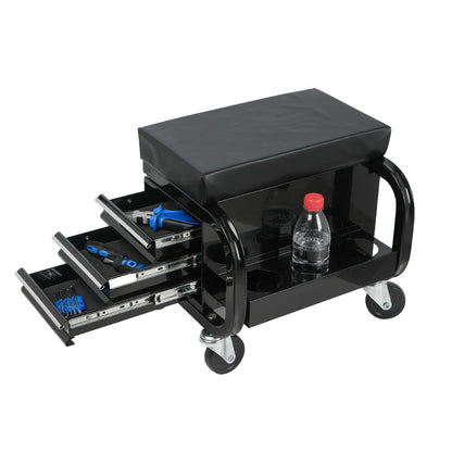 Rolling Creeper Garage/Shop Seat with Three Built-in Drawers, Rolling Tool Chest,Black image 2