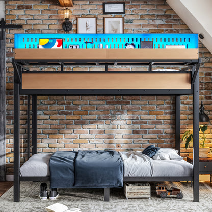 Twin XL over Twin XL Size Metal Bunk Bed with Storage Shelves and Pegboard, Bunk Bed Frame with USB Ports and LED Lights, Space-Saving, for Teens and Adults, Natural image 4