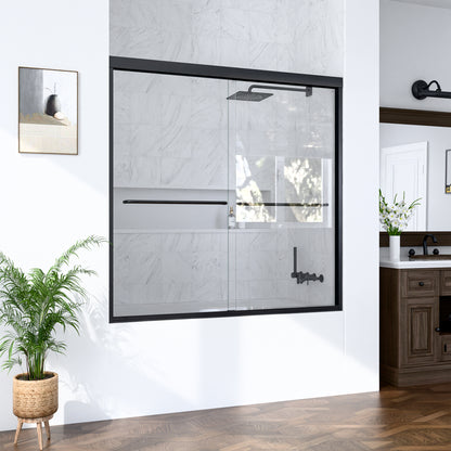 56"-60"W*60" H Semi-Frameless Double Sliding Shower Door, Bypass Shower Door, 1/4" (6mm) Thick SGCC Tempered Glass Door, Matte Black image 2