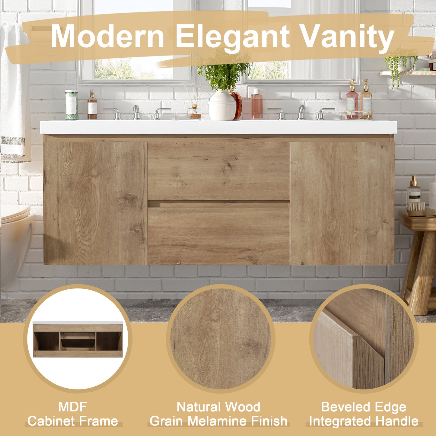 [Video]59.3 Inch Double Sink Bathroom Vanity with SMC Top, MDF Cabinet, Soft Close Doors, Divided Drawers, Wall-Mounted Modern Storage Vanity for Large Bathrooms image 5