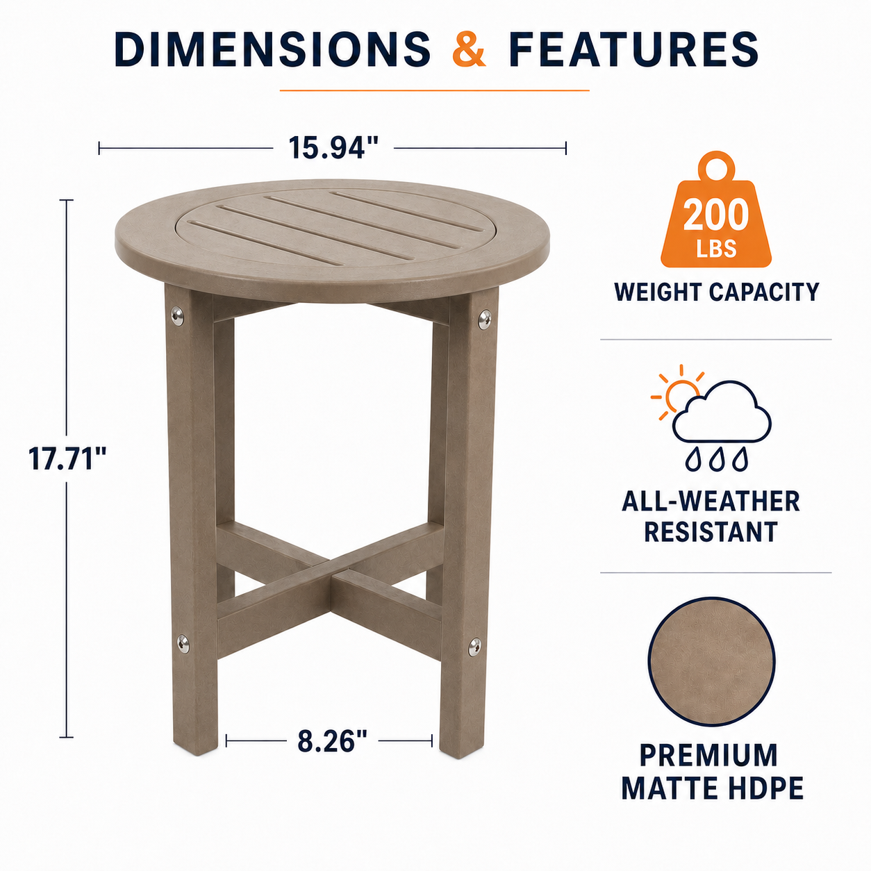 Antique Brown HDPE Outdoor Side Table, Small All-Weather Patio End Table, 15.94 in. L x 15.94 in. W x 17.71 in. H image 4