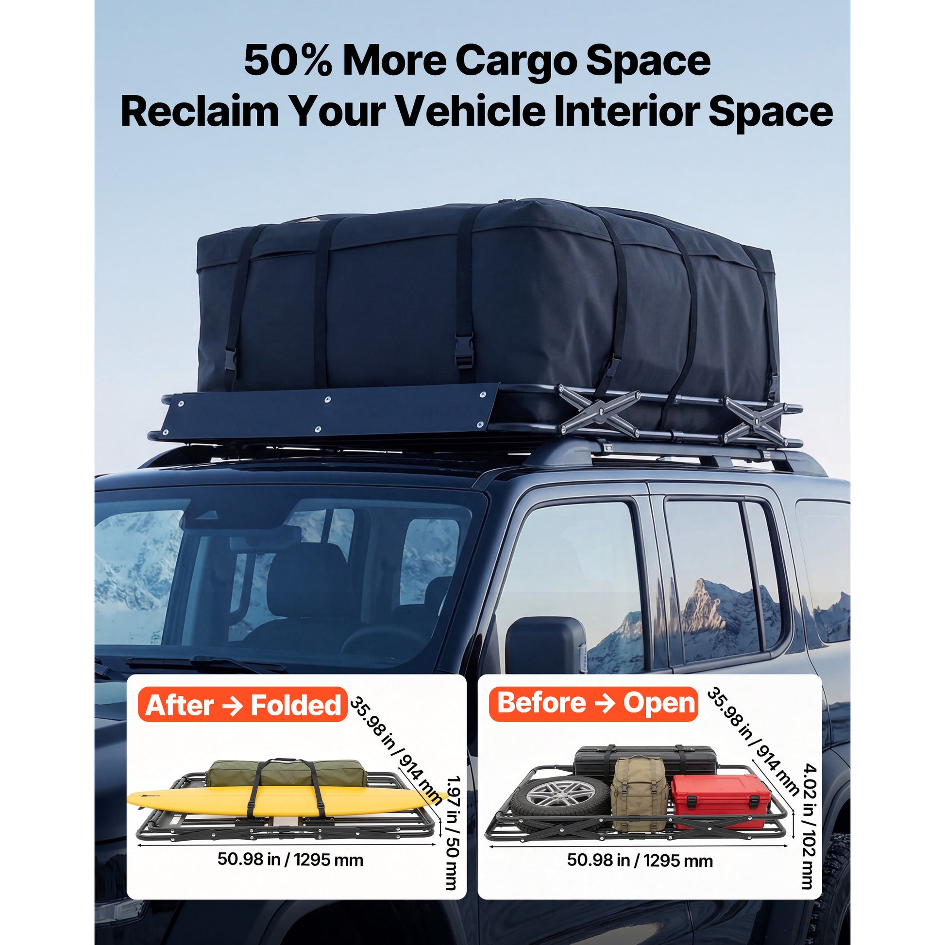 Roof Rack Cargo Basket, 51 x 36 x 4 in, Heavy Duty Roof Top Carrier Basket with Folding Design, 200 lbs Capacity, All-Weather Easy-Install Car Top Luggage Holder, Universal Fit for SUV Truck Car image 5
