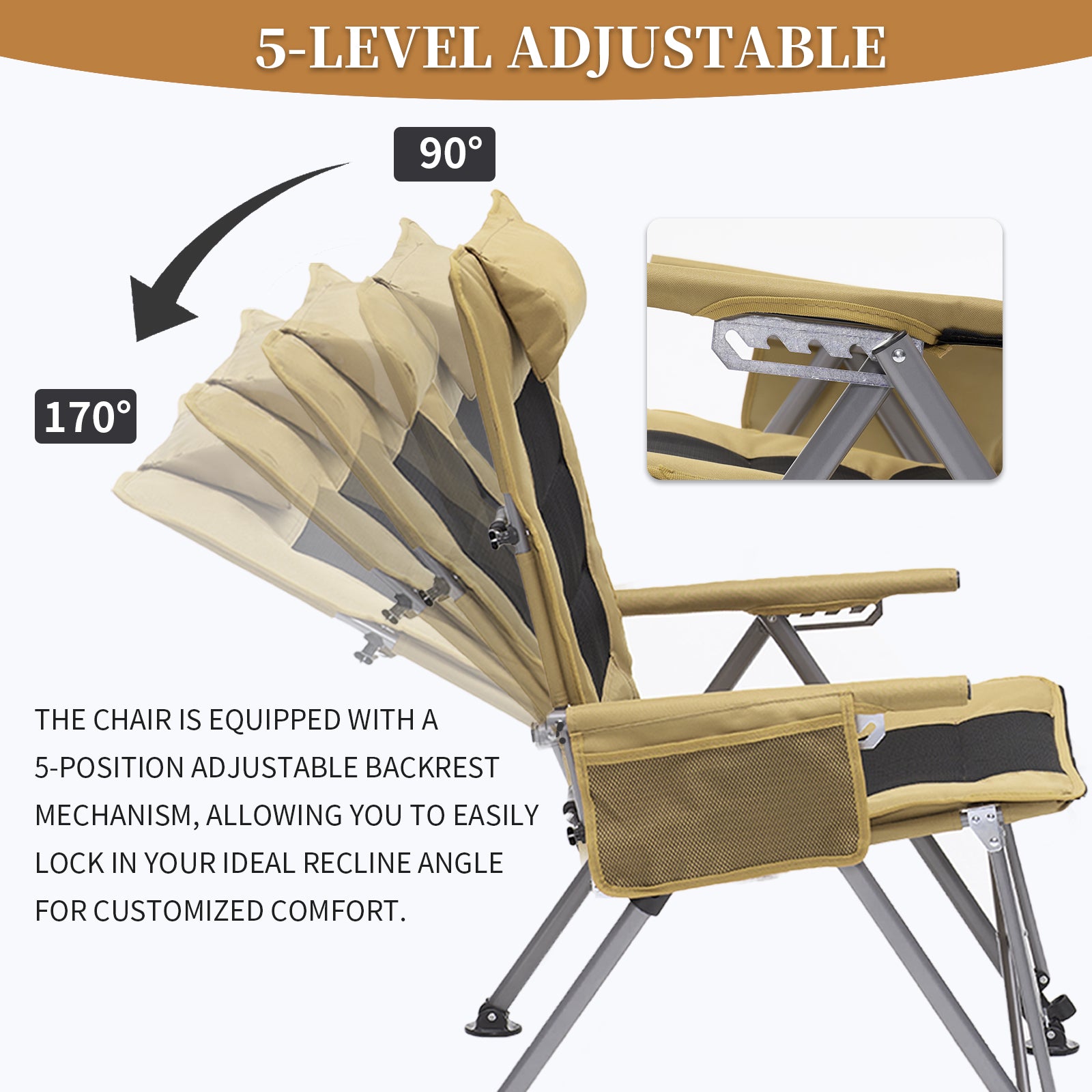 5-Position Adjustable Reclining Camping Chair, Side Pocket & Carry Bag, Heavy Duty, Portable Outdoor Chair for Beach, Camping, Patio,khaki image 7