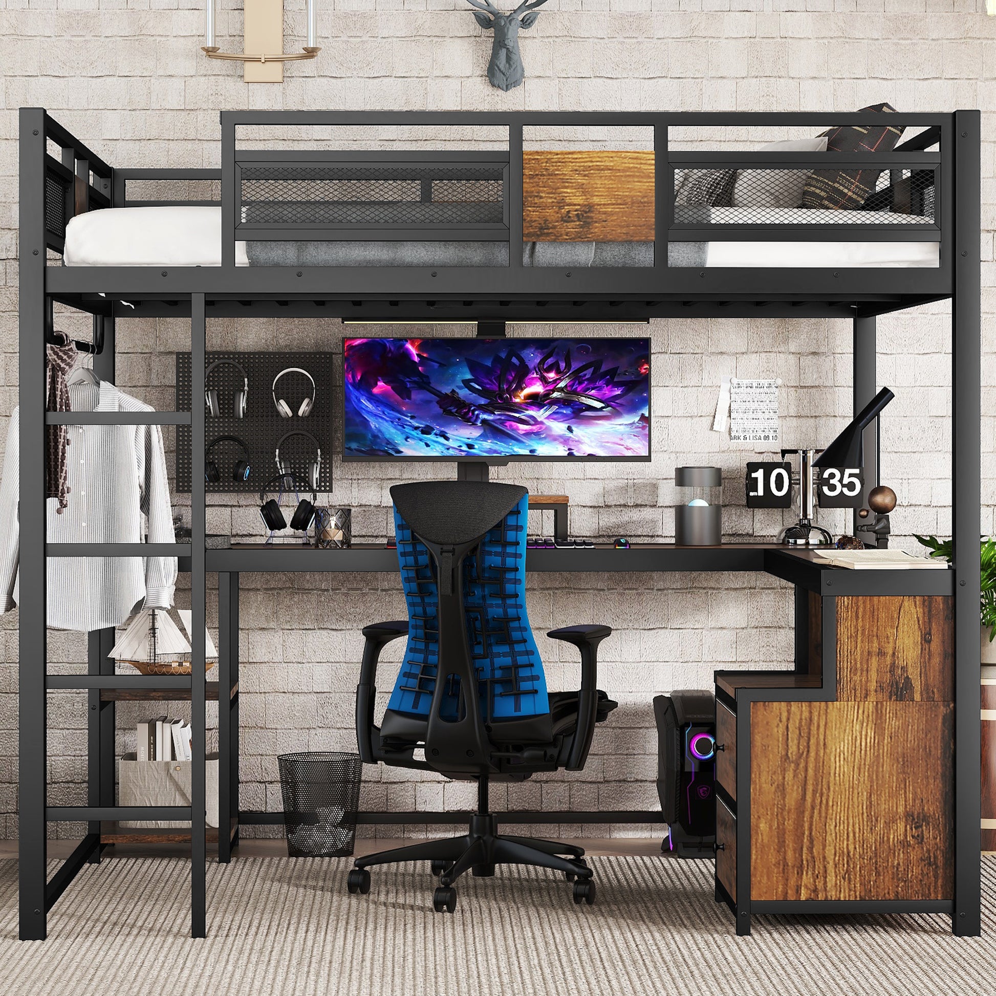 Queen Loft Bed with Desk and Storage Non-woven Fabric Drawers, Metal Loft Bed Frame with Ladders, Nosie-free and No Spring Box Needed, Black image 2