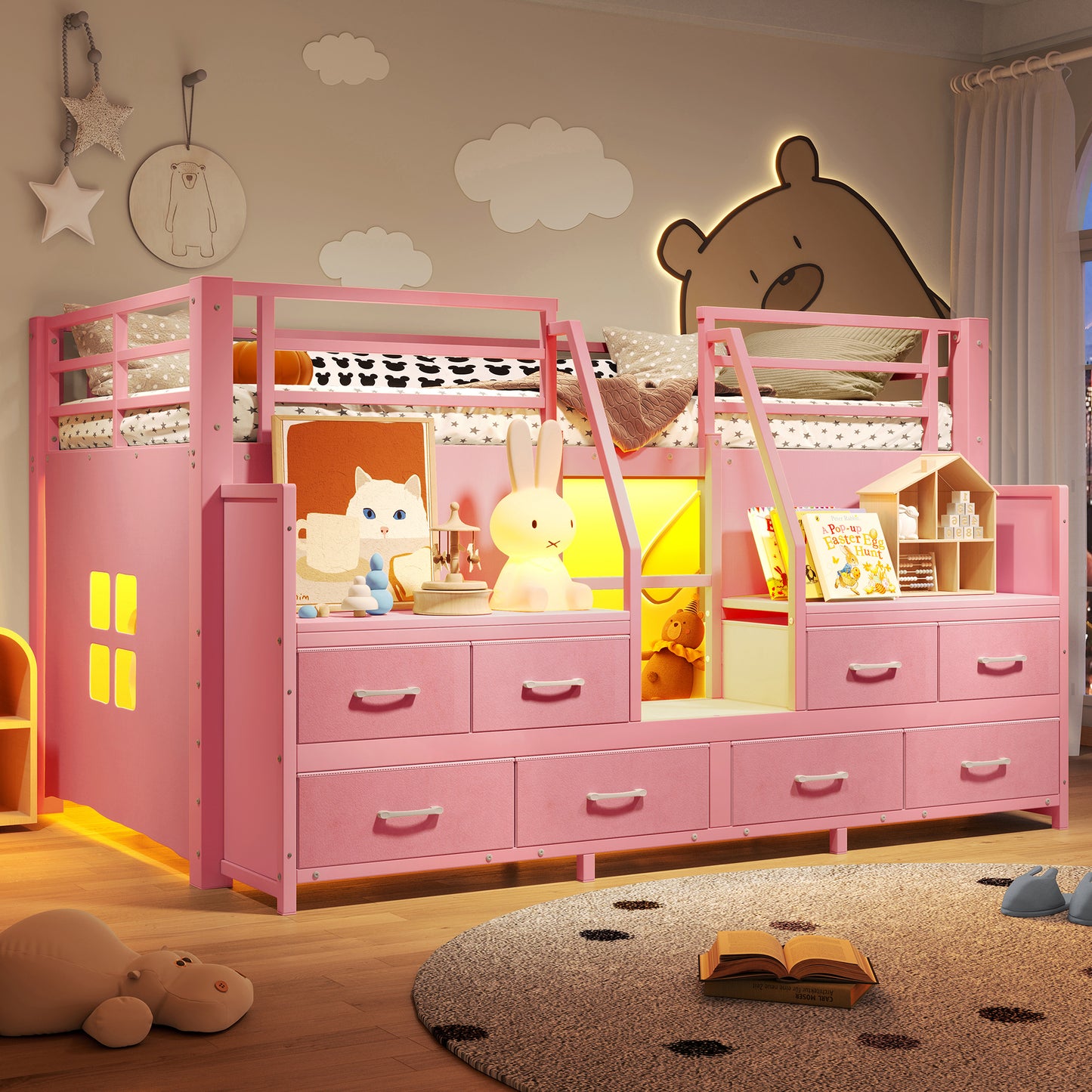 Twin Low Loft Bed with Multi-Storage Spaces, Including Fabric Drawers, Fabric Shelves Beside the Bed, Storage Stairs, Metal Loft Bed with Lights and Ample Under-bed Spaces, Pink image 1