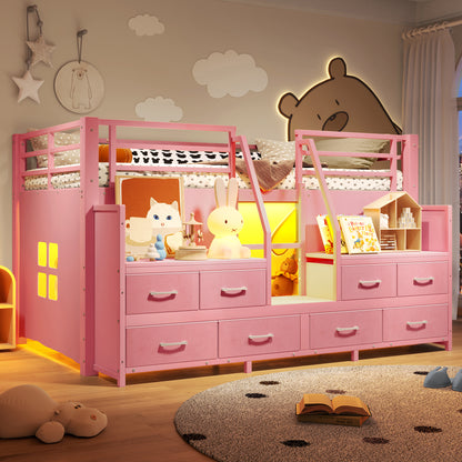 Twin Low Loft Bed with Multi-Storage Spaces, Including Fabric Drawers, Fabric Shelves Beside the Bed, Storage Stairs, Metal Loft Bed with Lights and Ample Under-bed Spaces, Pink image 1