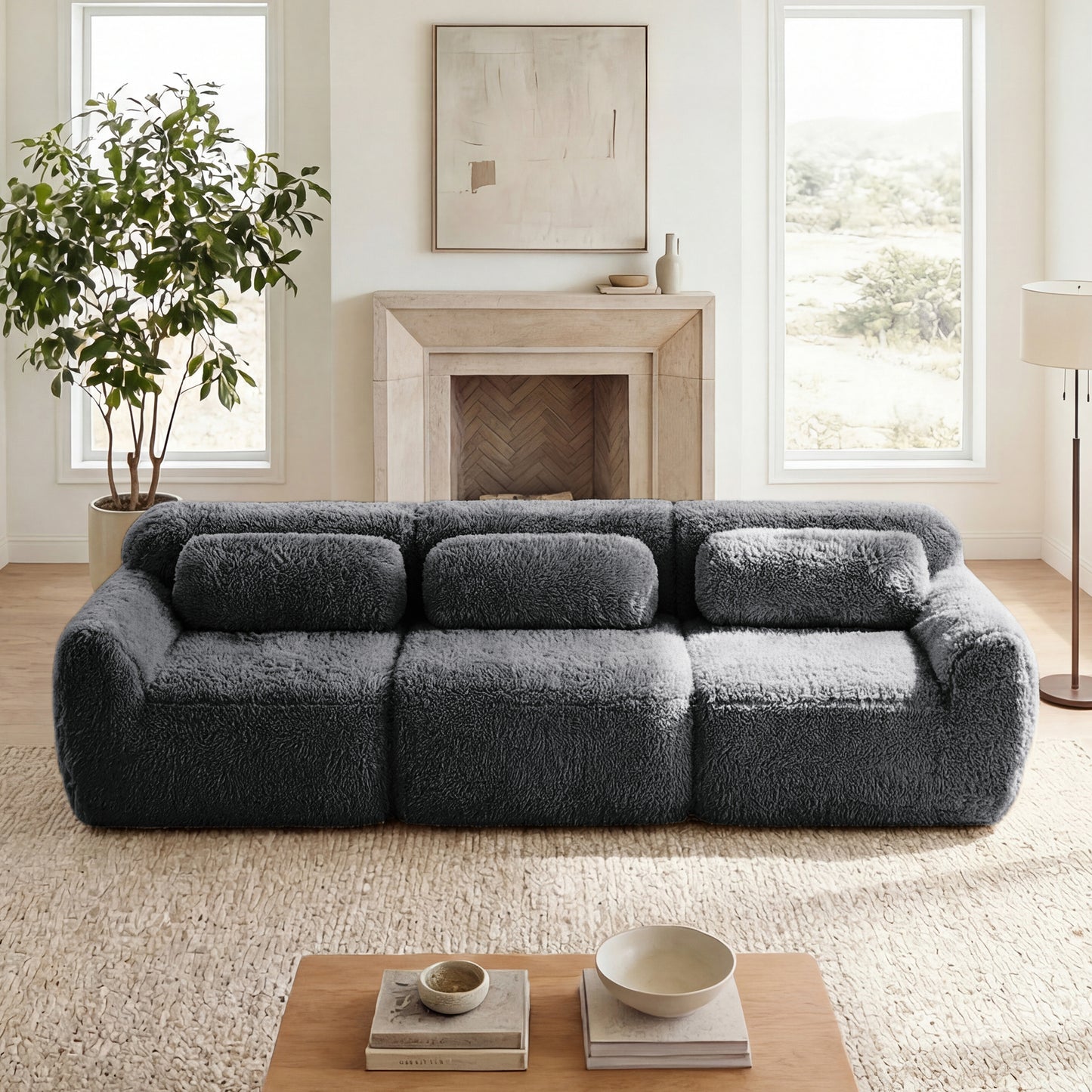 114''Soft And Fluffy Plush Fabric,Modular Sectional Sofa Couches,Ergonomic Design With Throw Pillows,Full-compression Vacuum Packaging Buckle Connection For Study,Home Theater,Dark Grey image 1