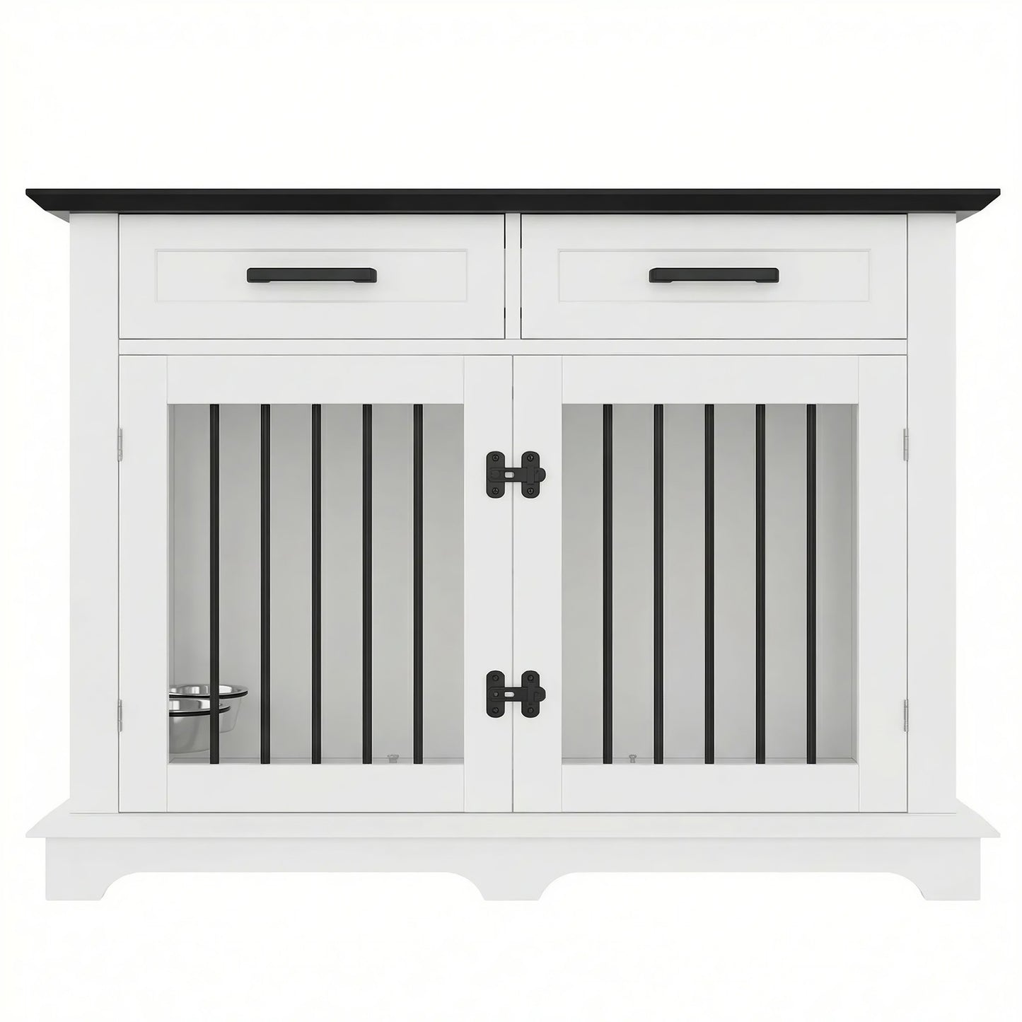 44.48" Large Dog Crate Furniture, Indoor Wooden Dog Kennel End Table with 2 Storage Drawers and Rotating Bowls, Decorative Pet Cage Dog House for Medium Dogs, White and Black image 10