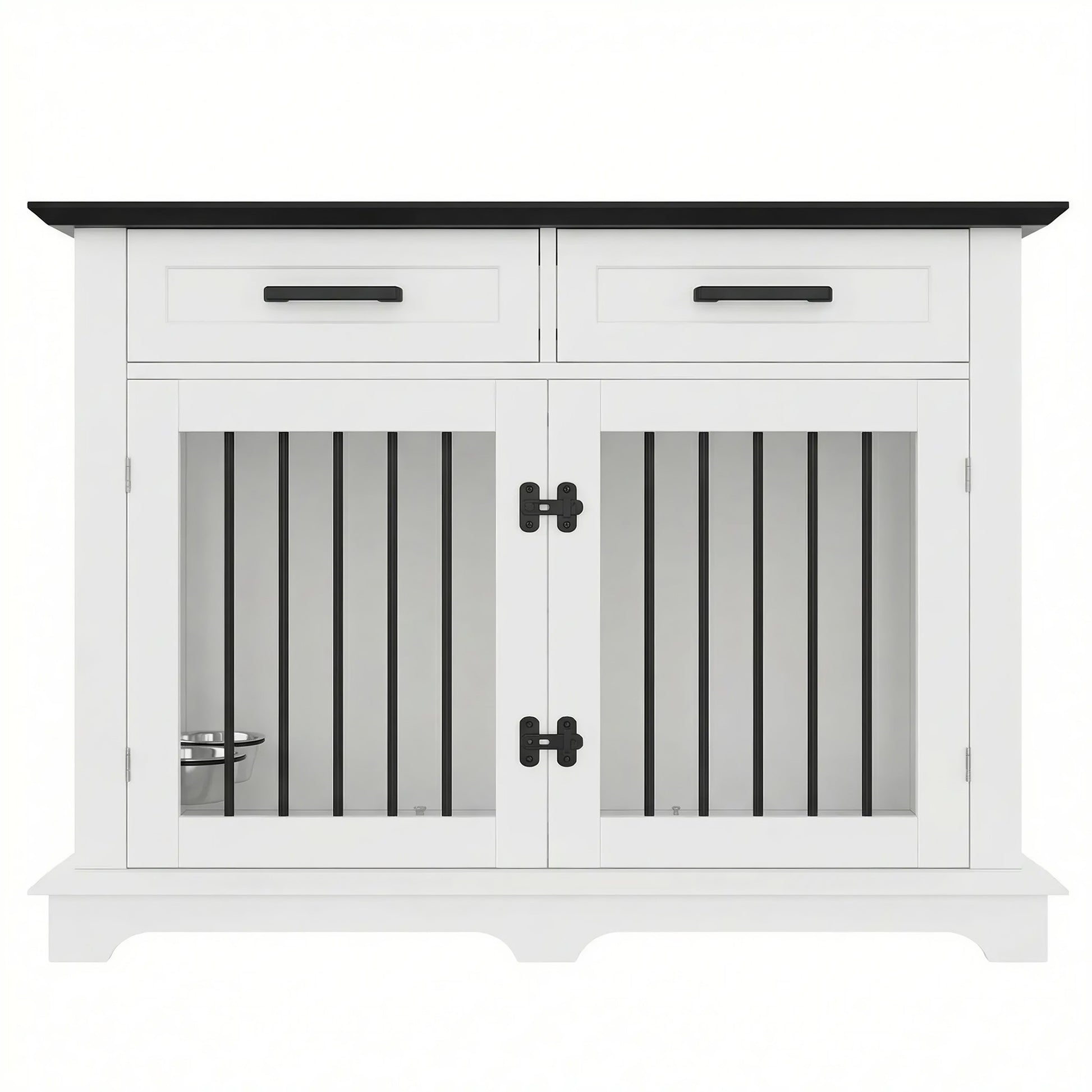44.48" Large Dog Crate Furniture, Indoor Wooden Dog Kennel End Table with 2 Storage Drawers and Rotating Bowls, Decorative Pet Cage Dog House for Medium Dogs, White and Black image 10