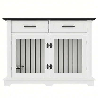 44.48" Large Dog Crate Furniture, Indoor Wooden Dog Kennel End Table with 2 Storage Drawers and Rotating Bowls, Decorative Pet Cage Dog House for Medium Dogs, White and Black image 10