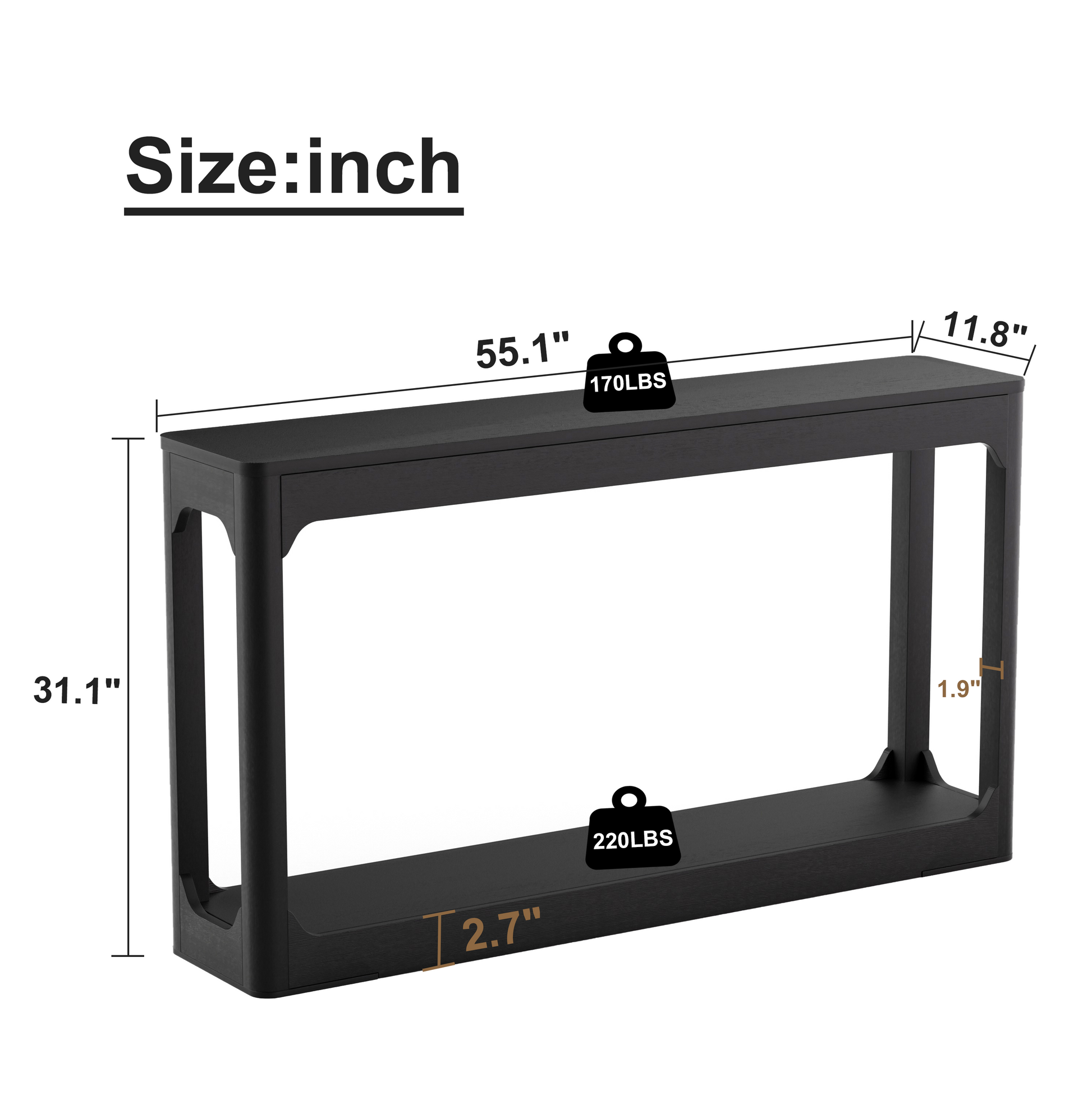 55.1-inch curved-leg storage table, ideal for entryways, slim wooden side table that can be placed behind a sofa, perfect for entryways, hallways, and doorways. Black, 55.1"L*11.8"W*31.1"H image 7