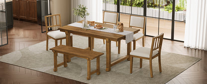TREXM 6-Piece Farmhouse Dining Set for 6, Kitchen & Dining Room Sets with Solid Wood Legs and Frame, Ergonomic Dual-Style Chairs, Ideal for Kitchen & Dining Room (Walnut+ Beige) image 4