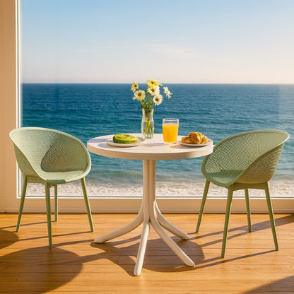 Summer - 2-Pack Pale Green Modern Lounge Chairs – Indoor/Outdoor All-Weather PP Plastic with 36 Inch Indoor/Outdoor Modern White Round PP Table image 3