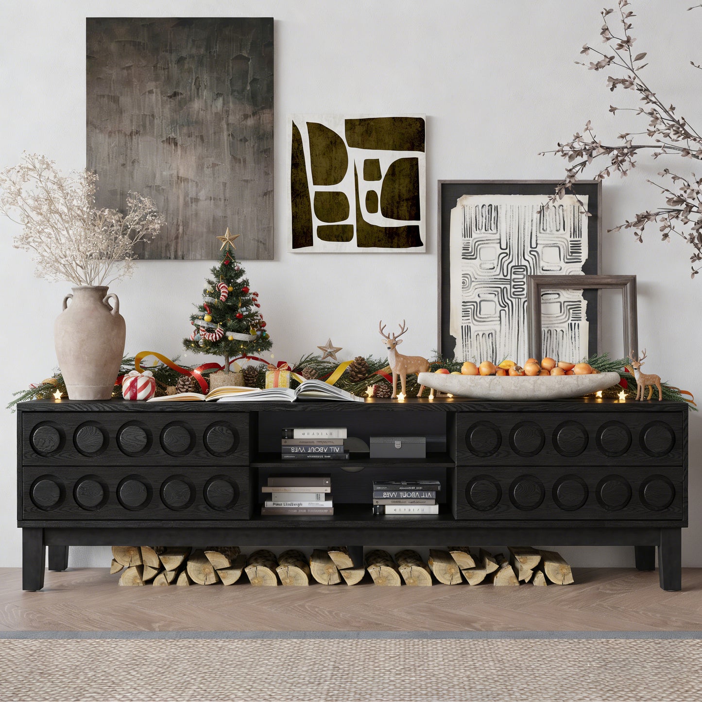 Modern Mid-Century Media Console with 4 Drawers and Cable Management, TV Console Table for TVs up to 75",Entertainment Center for Living Room and Office(Black) image 1