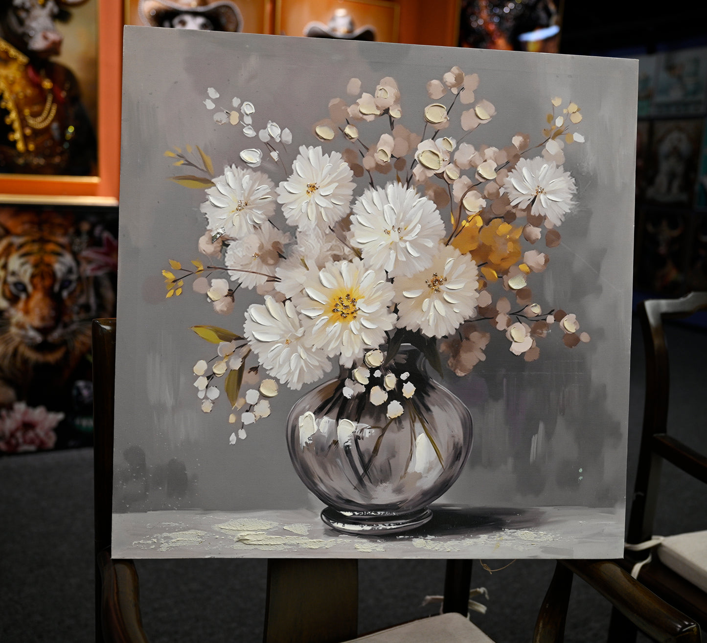 Close-up of white chrysanthemum canvas art with green botanical accents