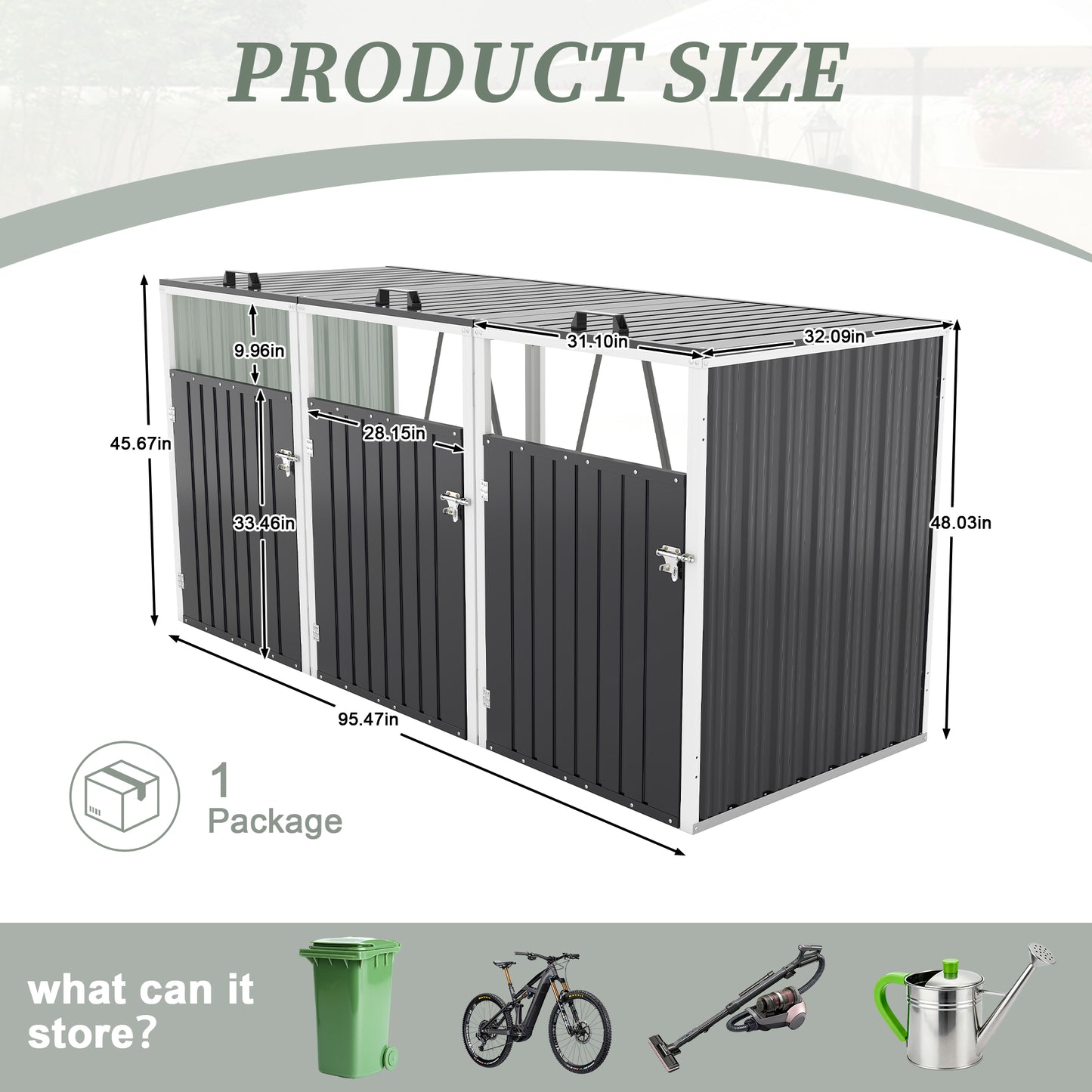 Garbage Bin Shed Stores 3 Trash Cans with Pneumatic Support Rod, with Lockable Doors & Waterproof Lid Chain, for Patio,Garden,Backyard,Grey image 6