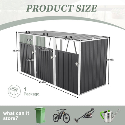 Garbage Bin Shed Stores 3 Trash Cans with Pneumatic Support Rod, with Lockable Doors & Waterproof Lid Chain, for Patio,Garden,Backyard,Grey image 6