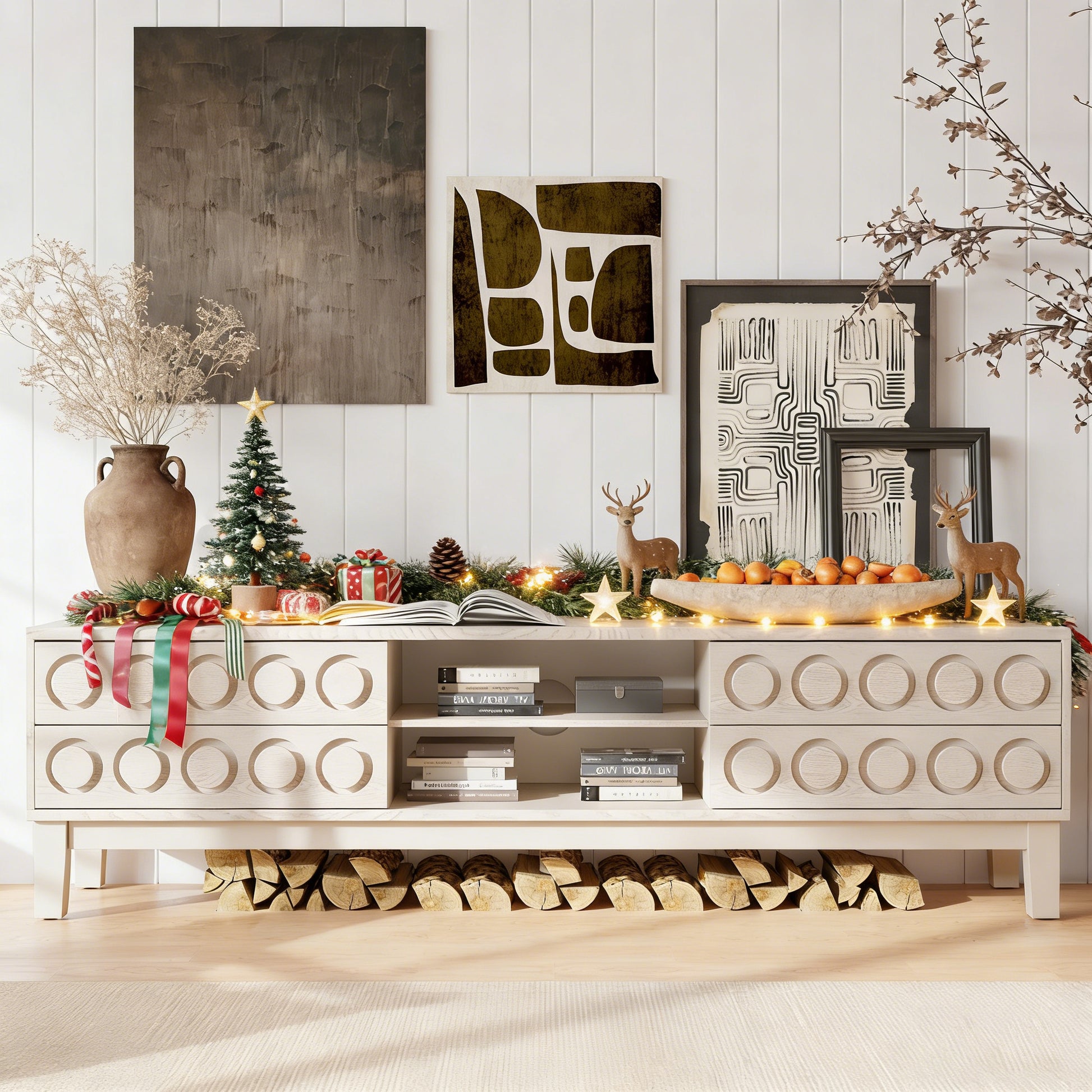 Modern Mid-Century Media Console with 4 Drawers and Cable Management, TV Console Table for TVs up to 75",Entertainment Center for Living Room and Office(White) image 1