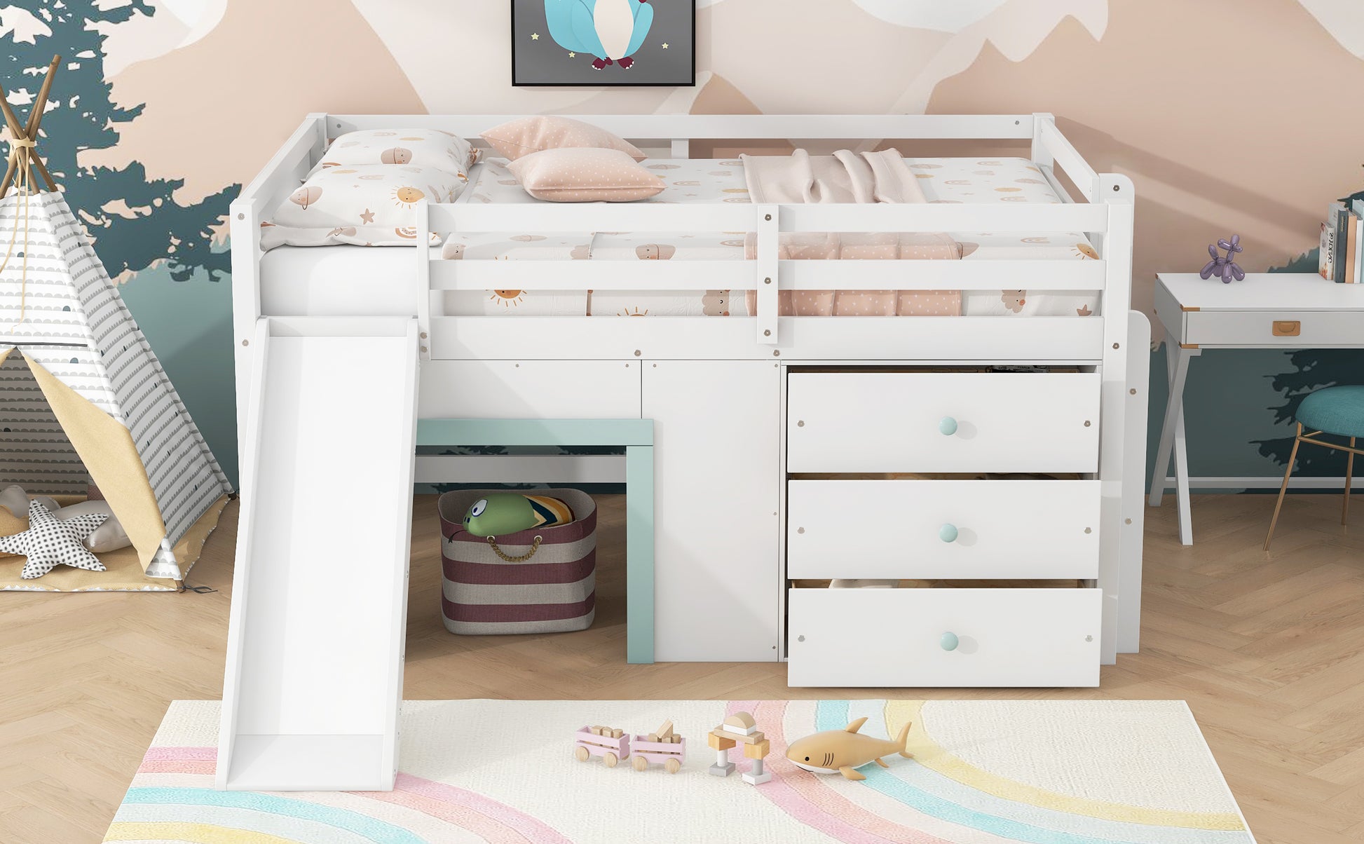 Full Size Low Loft Bed with Slide,Three Storage Drawers and Two Doors,White image 7