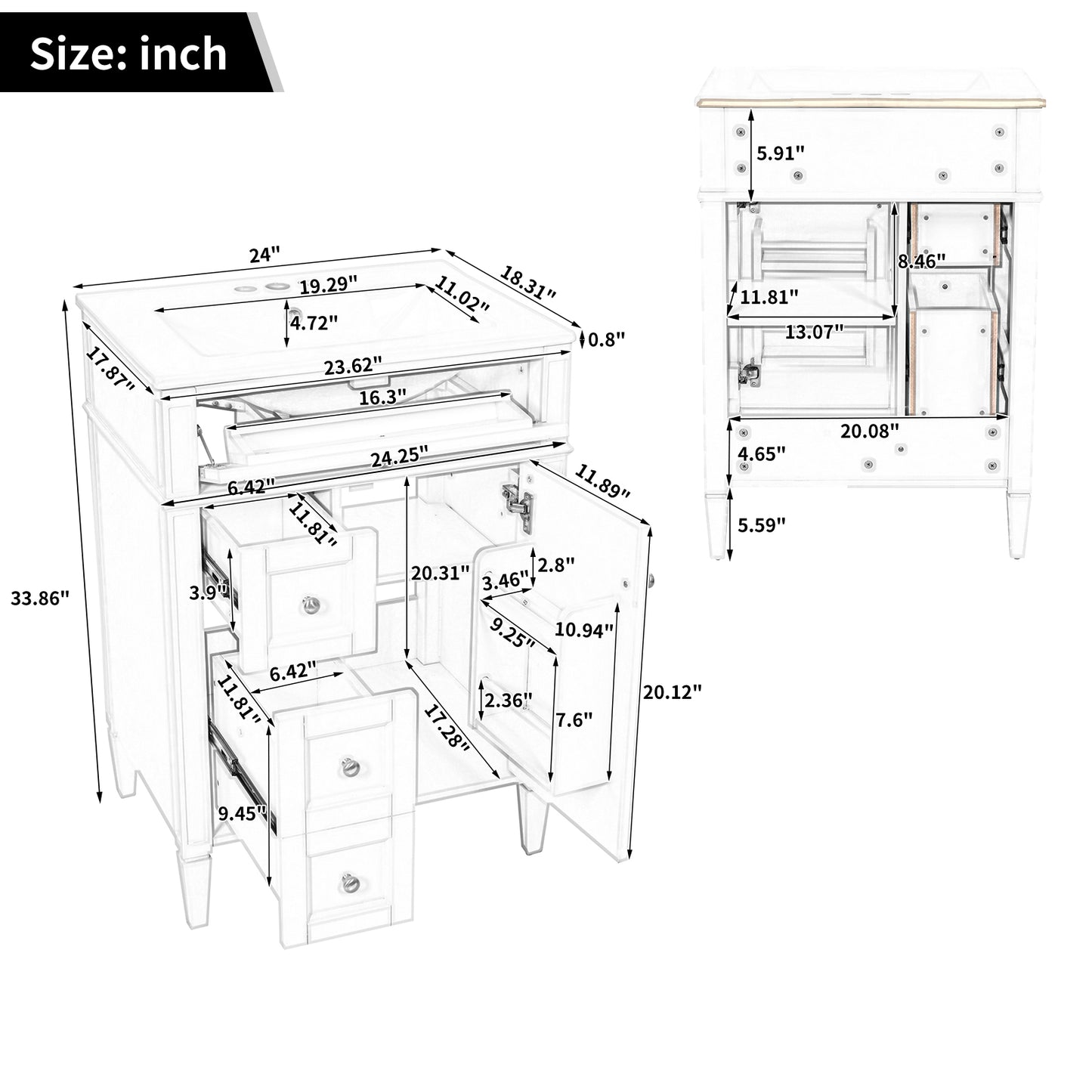 24'' Bathroom Vanity with Top Sink, Modern Bathroom Storage Cabinet with 2 Drawers and a Tip-out Drawer, Single Sink Bathroom Vanity image 8