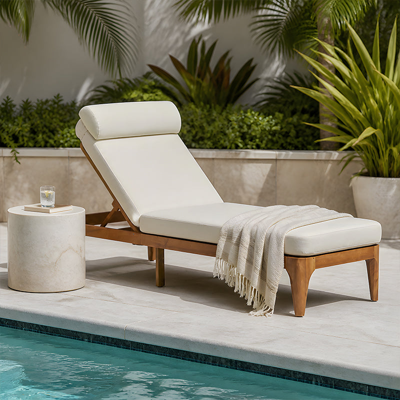 TOPMAX Acacia Wood Chaise Lounge, Outdoor Sun Lounge Chair, Patio Recliner with Adjustable Backrest and Head Pillow for Poolside, Backyard, Garden, Indoor&Outdoor, set of 2, Beige image 5