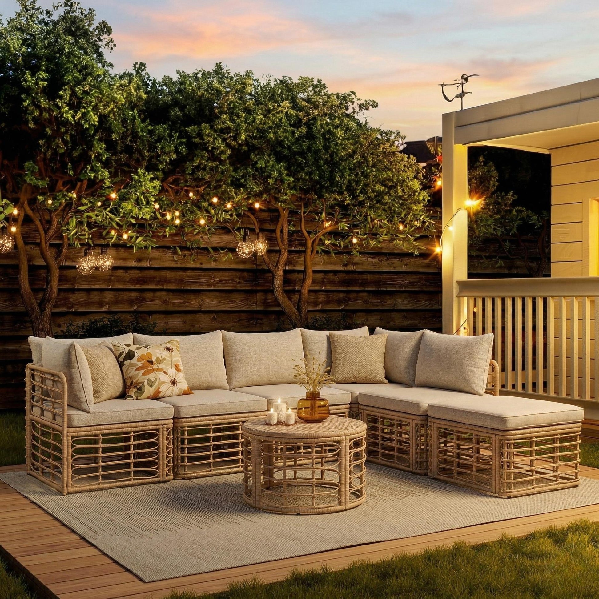 GO 7 Pieces Outdoor Patio Furniture, All-Weather Rattan Sectional Sofa Set with Thick Cushions and Pillows, Freely Combined Conversation Sets for Garden, Backyard, Balcony, Brown image 3