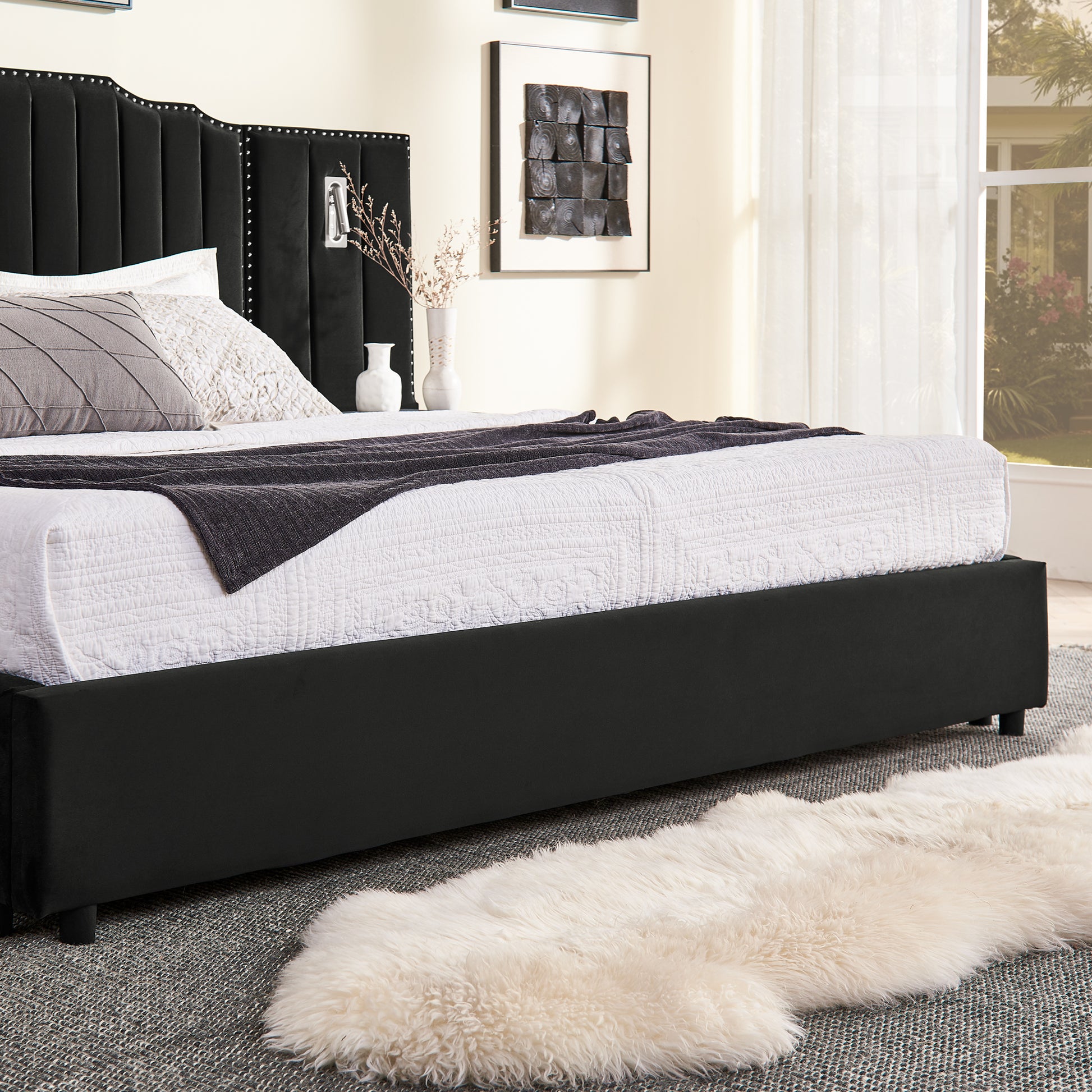 Queen Size Upholstered Bed Frame with Velvet Fabric, Vertical Stripe Design with Buttons Around Platform Bed with Headboard, Solid Frame & Bedside Table - No Box Spring Needed-Black image 8