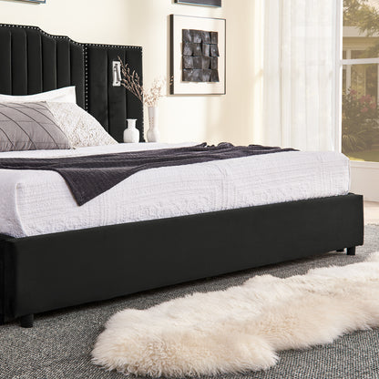 Queen Size Upholstered Bed Frame with Velvet Fabric, Vertical Stripe Design with Buttons Around Platform Bed with Headboard, Solid Frame & Bedside Table - No Box Spring Needed-Black image 8