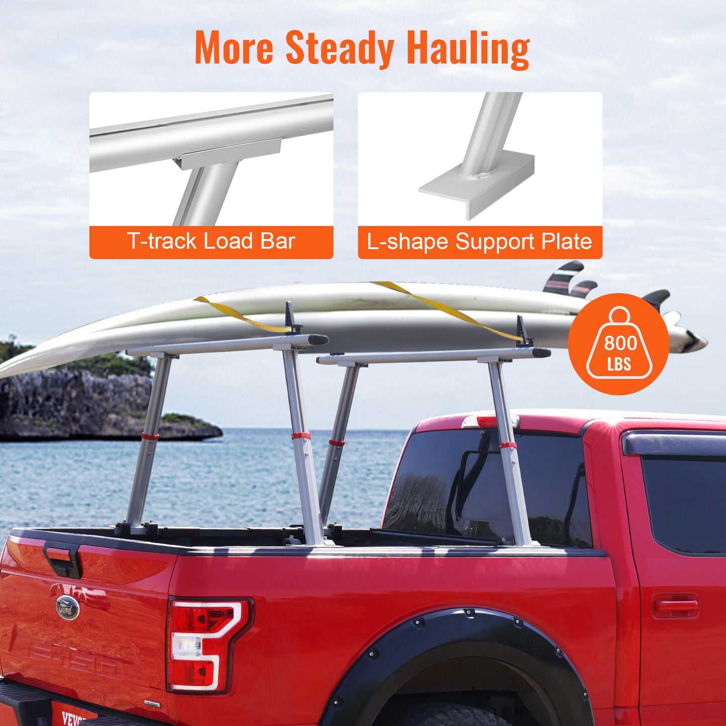Truck Rack, 800 lbs Capacity, 17-29in Adjustable Height, Aluminum Ladder Rack for Truck with 8 Non-Drilling C-clamps, Heavy Duty Truck Bed Rack Two-Bar Set for Kayak, Surfboard, Lumber, Ladder image 8