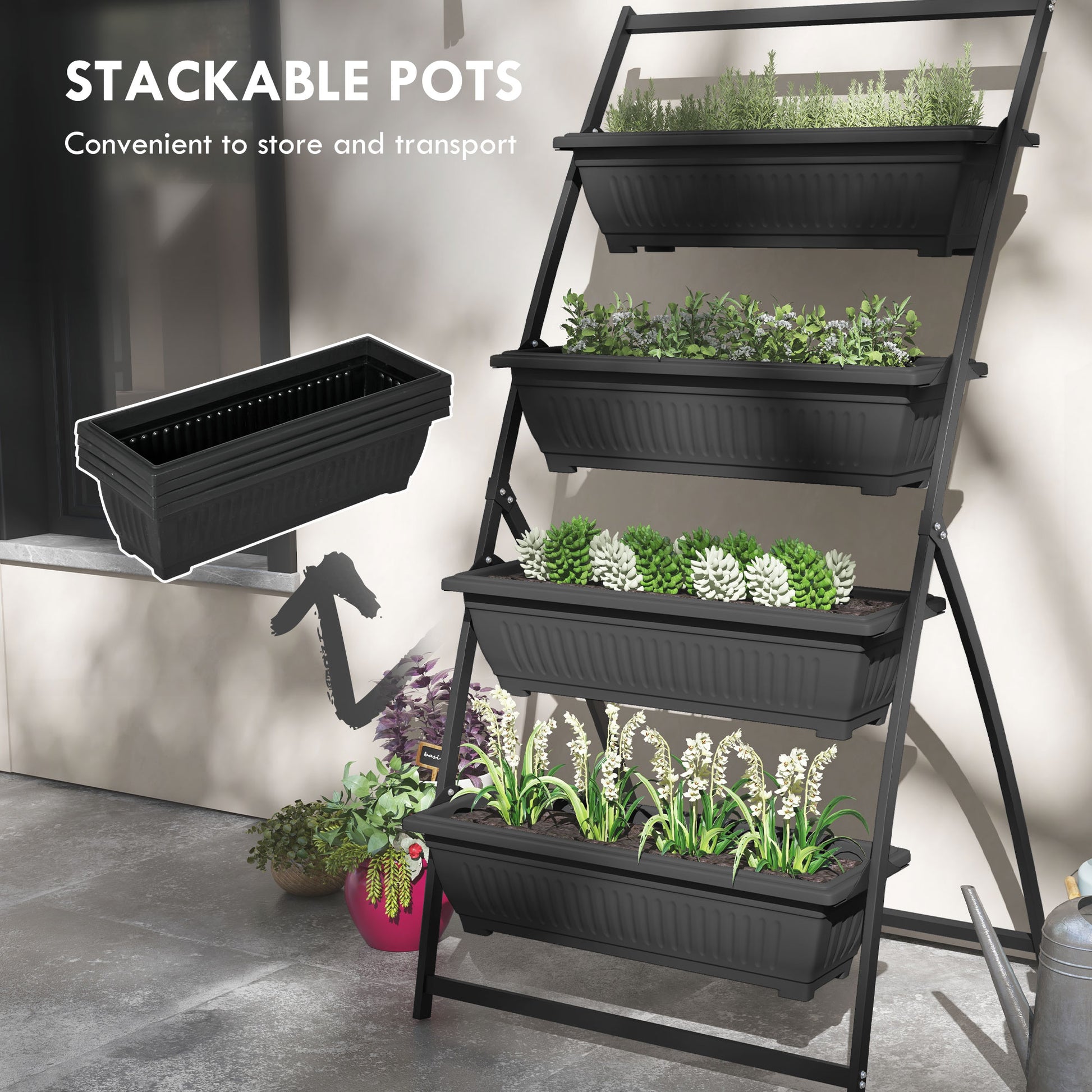 Outsunny Raised Garden Bed, 4 Tier Vertical Garden Planter Set, 4 Outdoor Planter Boxes with Stand, Self Draining Design Elevated Garden for Vegetable, Flowers & Herbs, Black image 7