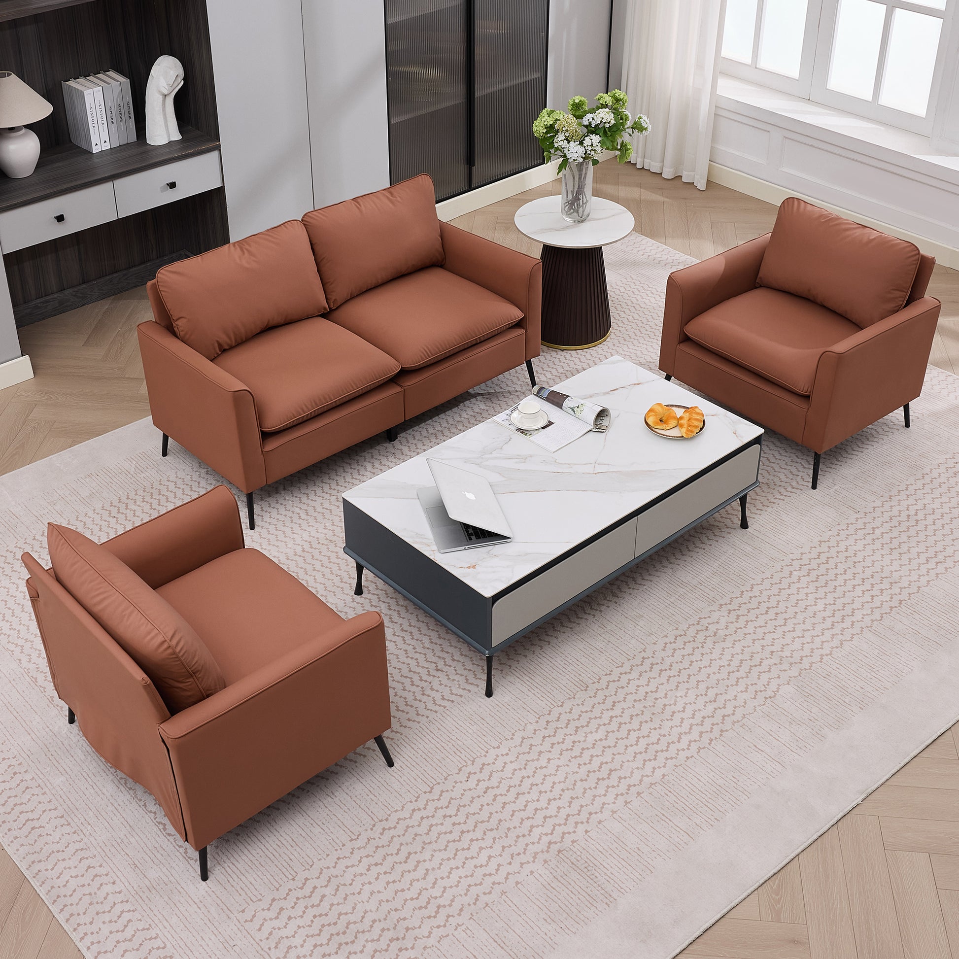 TS Cat paw leather upholstered sofa loveseat,Nordic retro light luxury living room balcony bedroom single casual sofa chair Double sofa + two pack combination(Brown) image 5