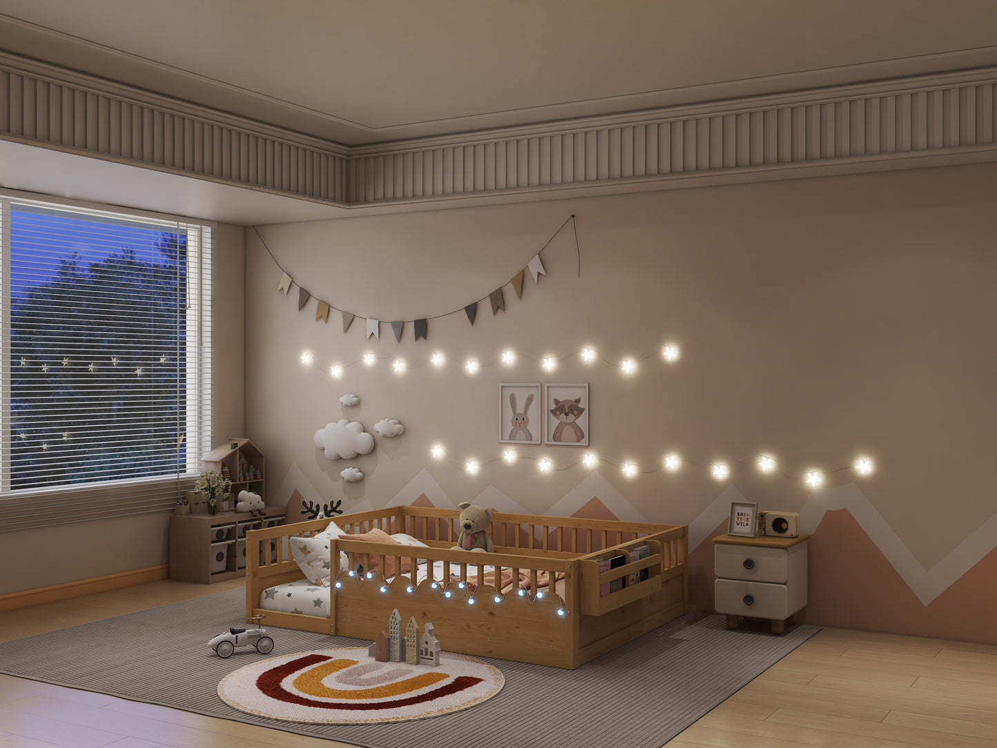Full Montessori Floor Bed Frame with High Rails, Wood Kids Floor Beds with Light and Storage Shelf, Natural (Expect Arrival Date 2025/8/15) image 7