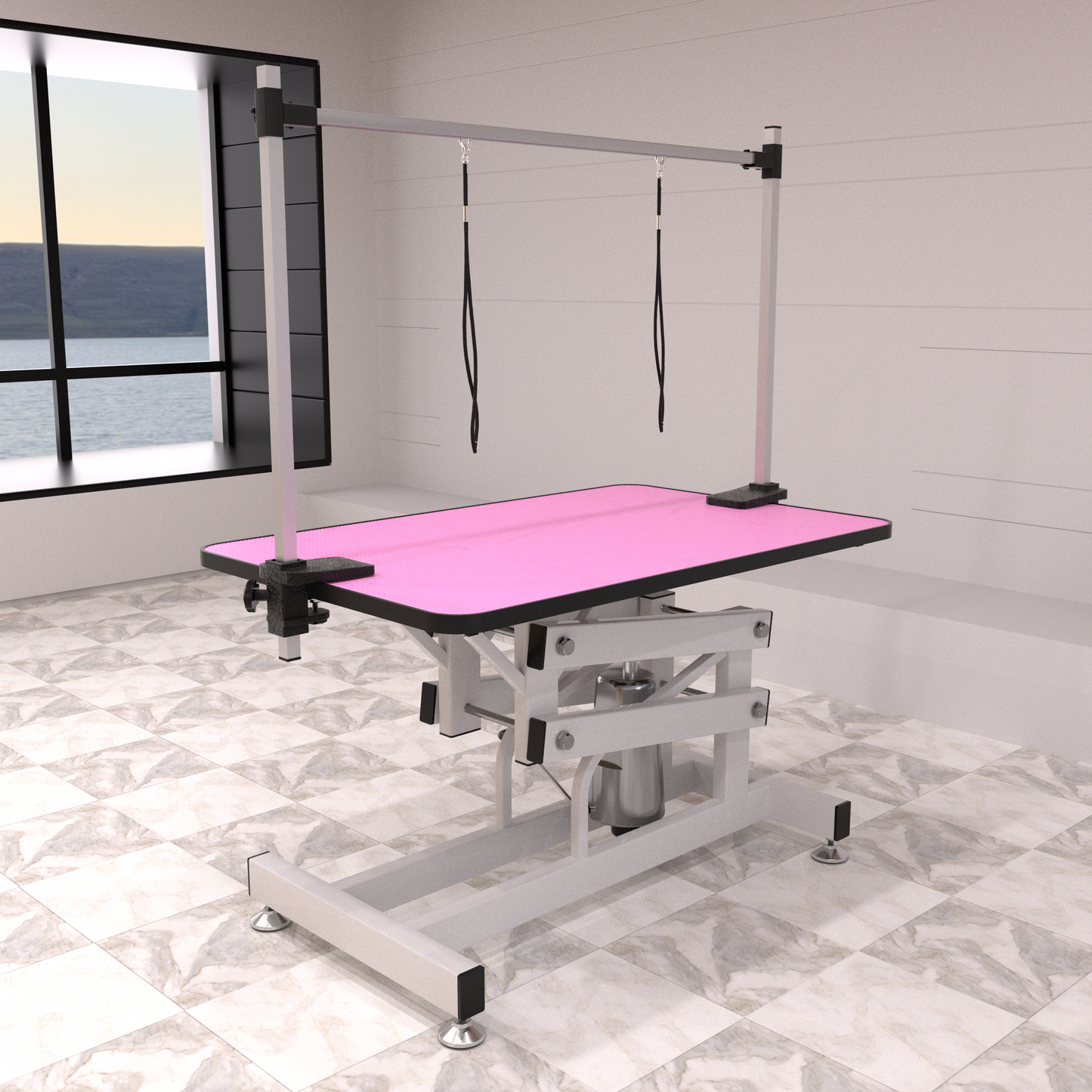 42.5INCH HYDRAULIC PET GROOMING TABLE WITH "H" ARM PINK image 1