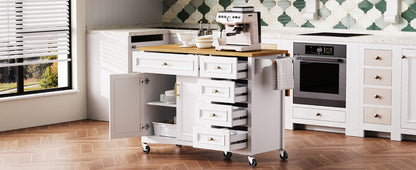 K&K 52'' Kitchen Island with Drop Leaf, Embossed Texture Kitchen Island on Wheels with Spice Rack, Towel Rack, 2 Doors and 5 Drawers, Kitchen Storage Cart with Adjustable Shelf for Kitchen, White image 8