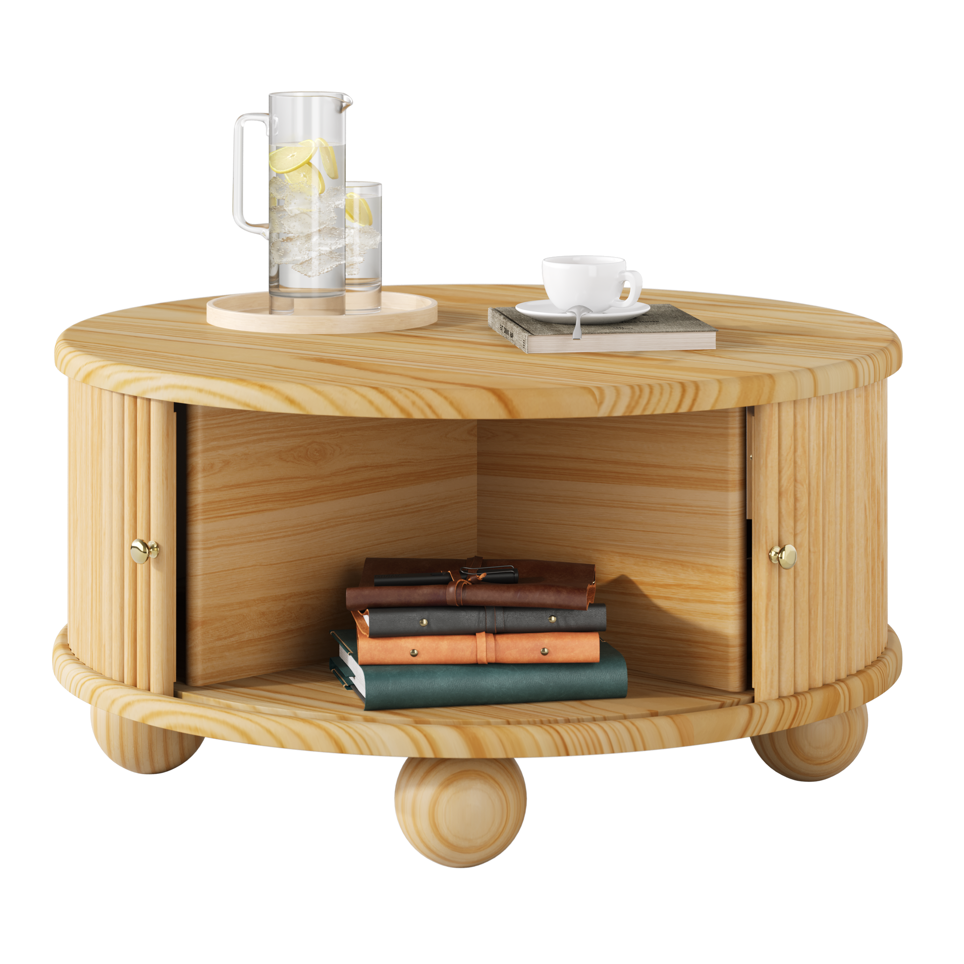 Round Fluted Coffee Table with Storage, Pine Solid Wood, Sliding Door, Natural, 31.8" image 9